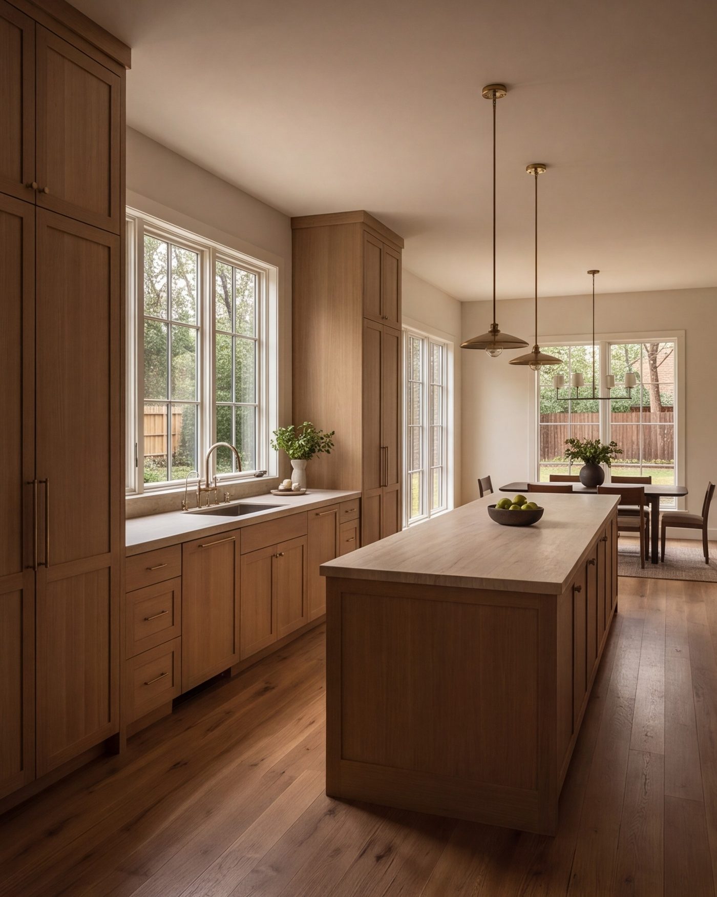 White-oak kitchen with a long island and ceiling-height cabinets