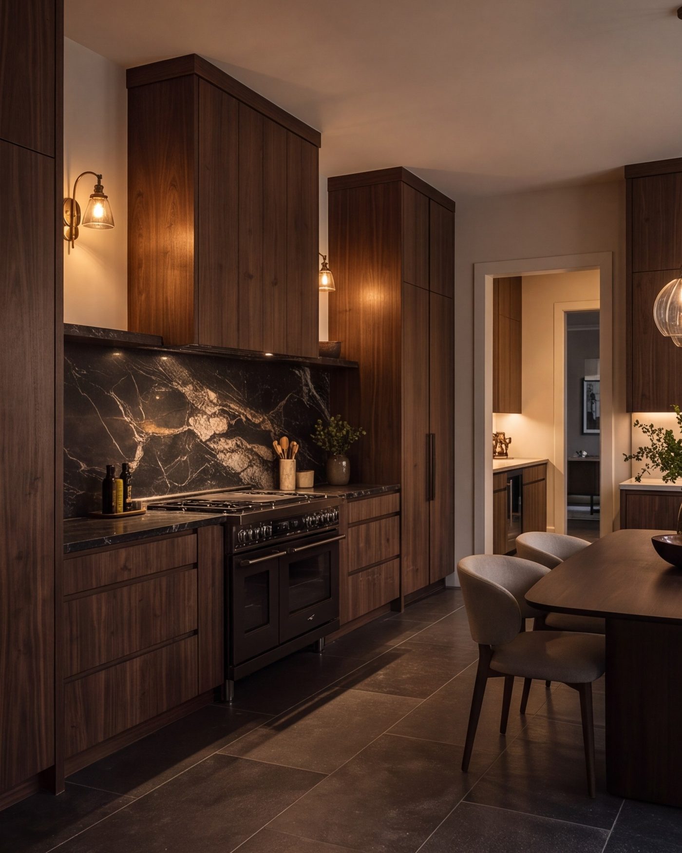 Dark kitchen with brass fittings and a marble backsplash