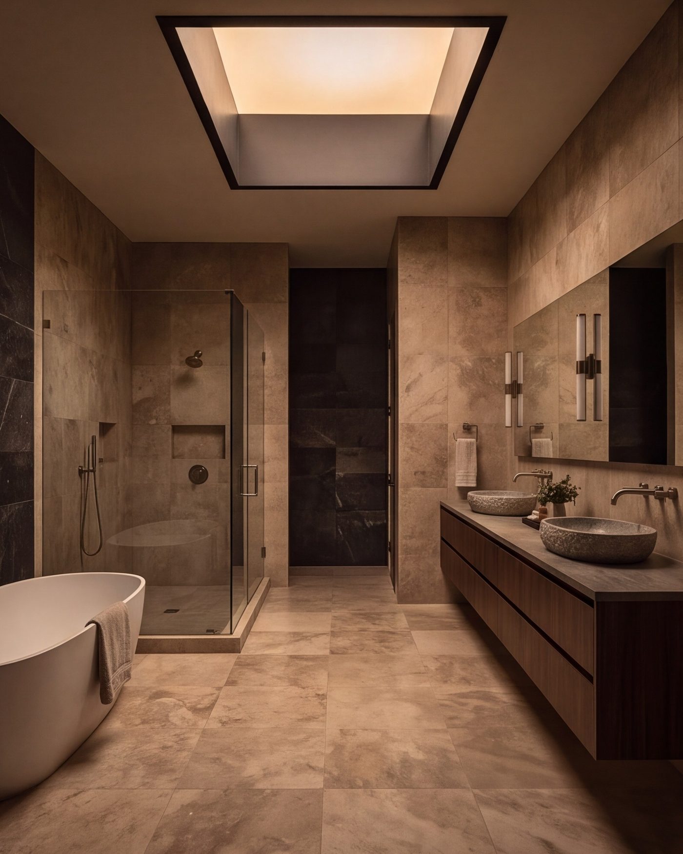 Spa-like bathroom with a double vanity and a skylight