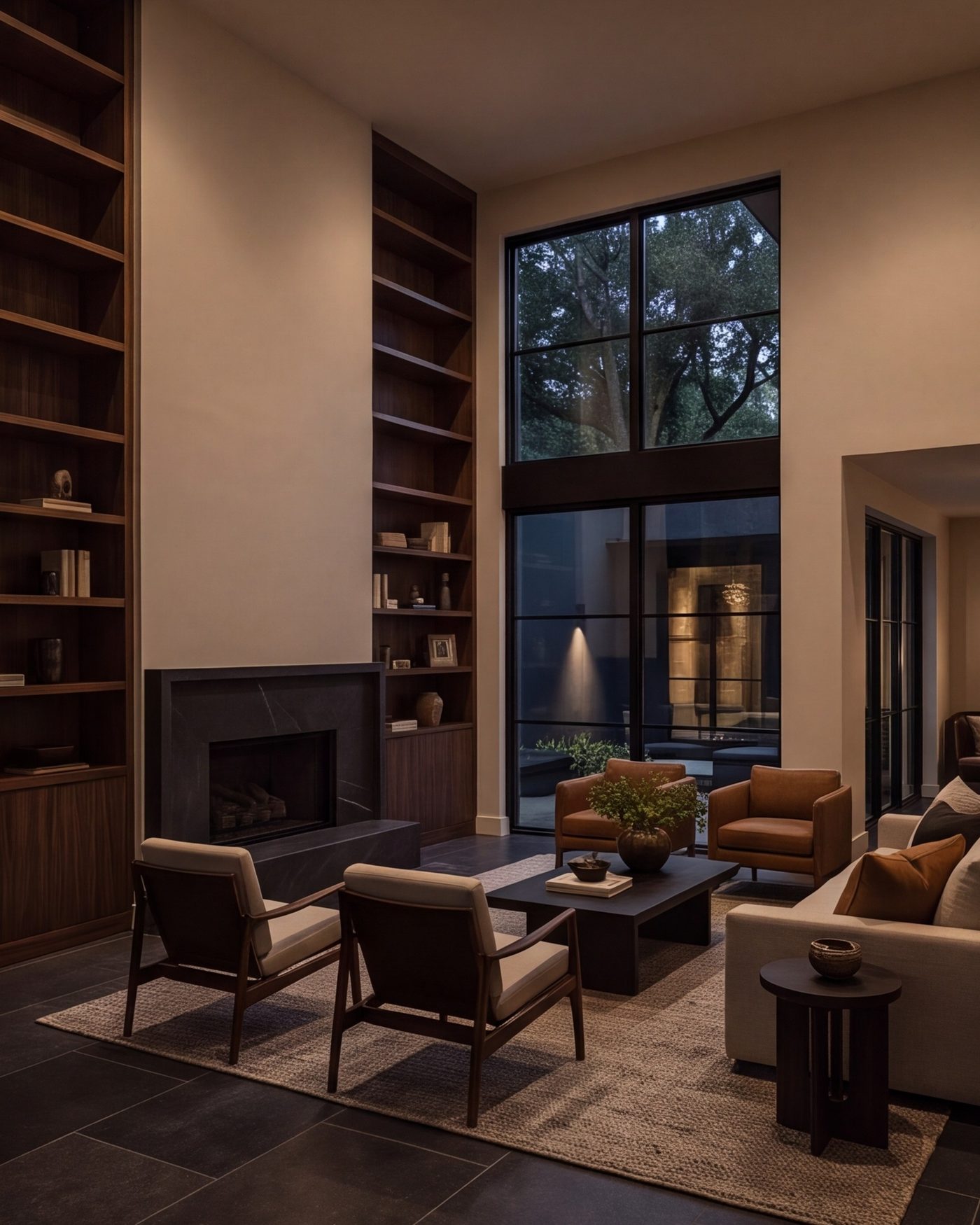 Living room with built-in shelves after a whole-home remodel