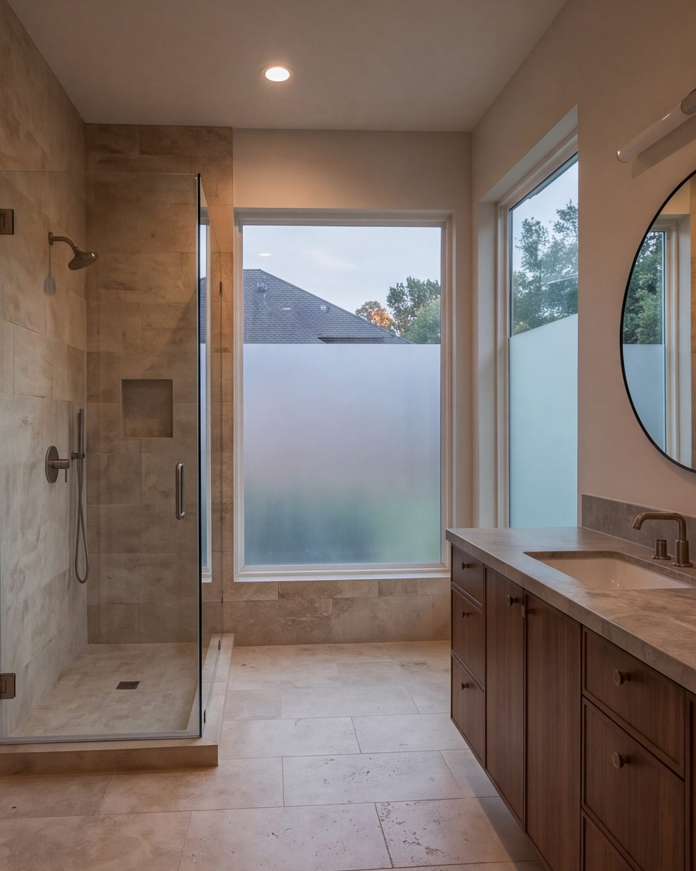 Guest bathroom with a walk-in shower and a wood vanity