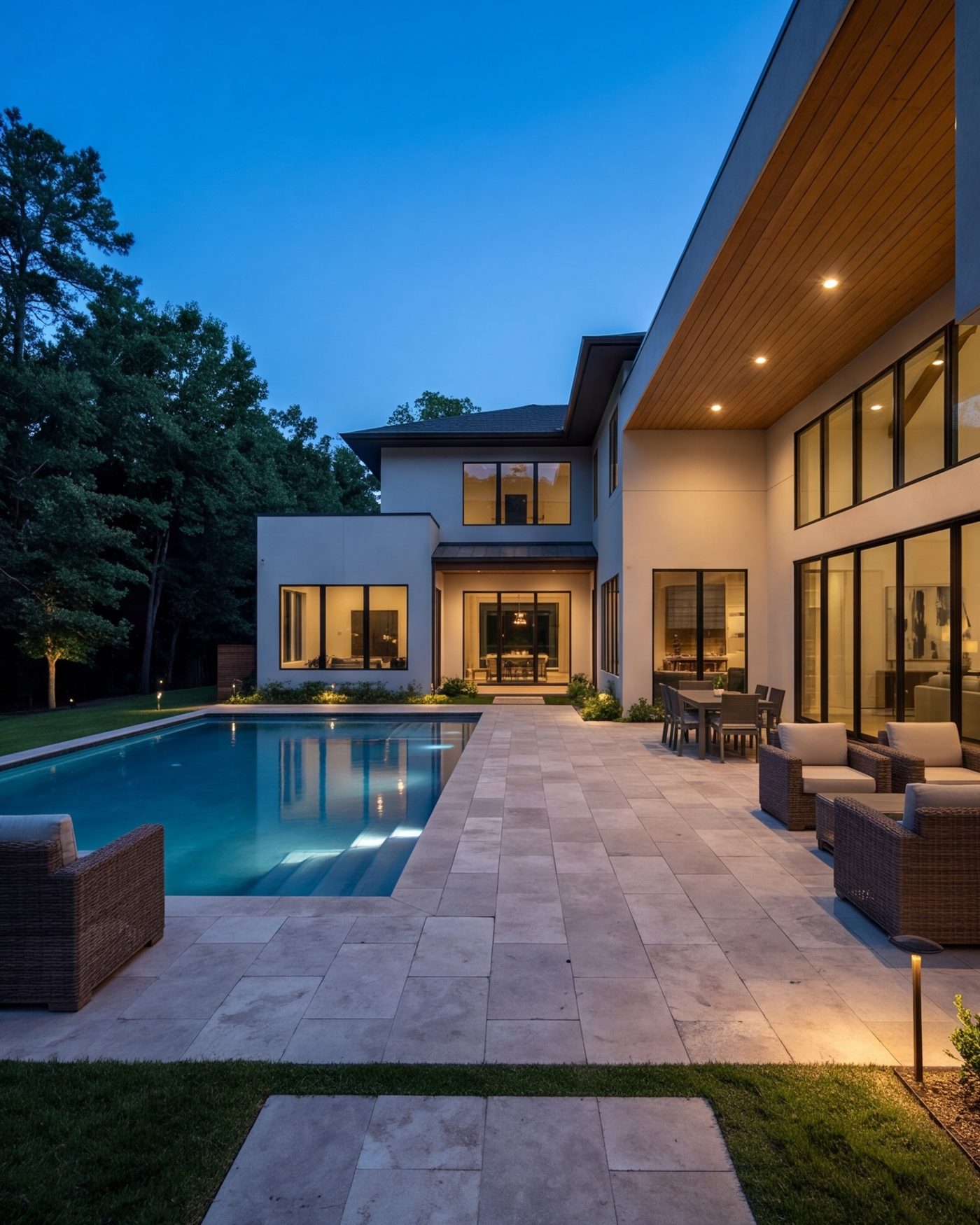 Stone patio and pool behind a modern Texas home