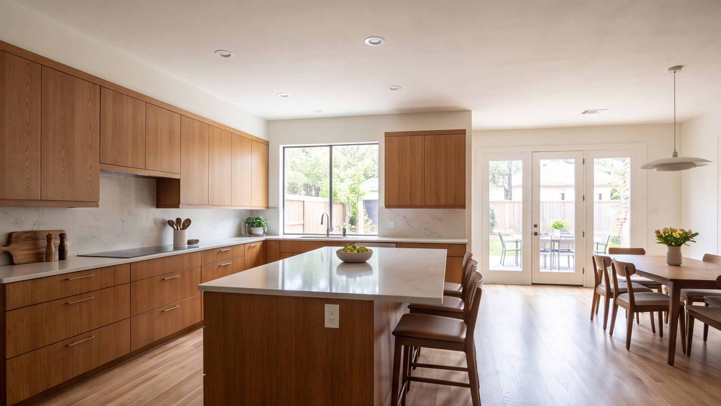 Daylight kitchen remodel with oak cabinets and a stone island, open to the dining area