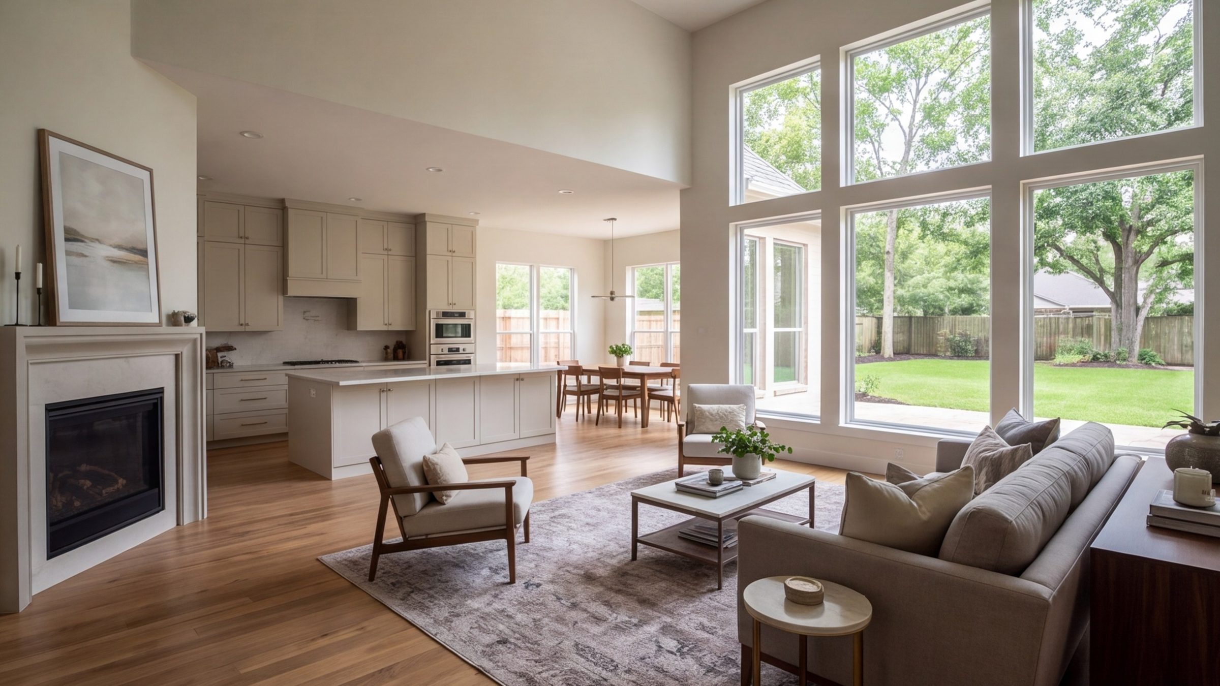Open-plan living and kitchen after a whole-home remodel, tall windows and natural light